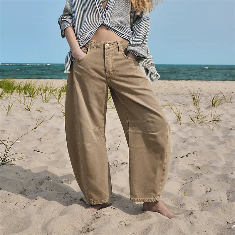 Women's High-Rise Barrel-Leg Acid-Wash Wide-Fit Jeans - Beige