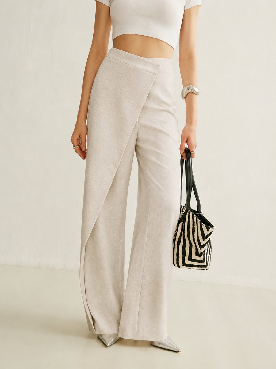 Women's High-Waist Asymmetric Wrap Wide Leg Trousers - Apricot