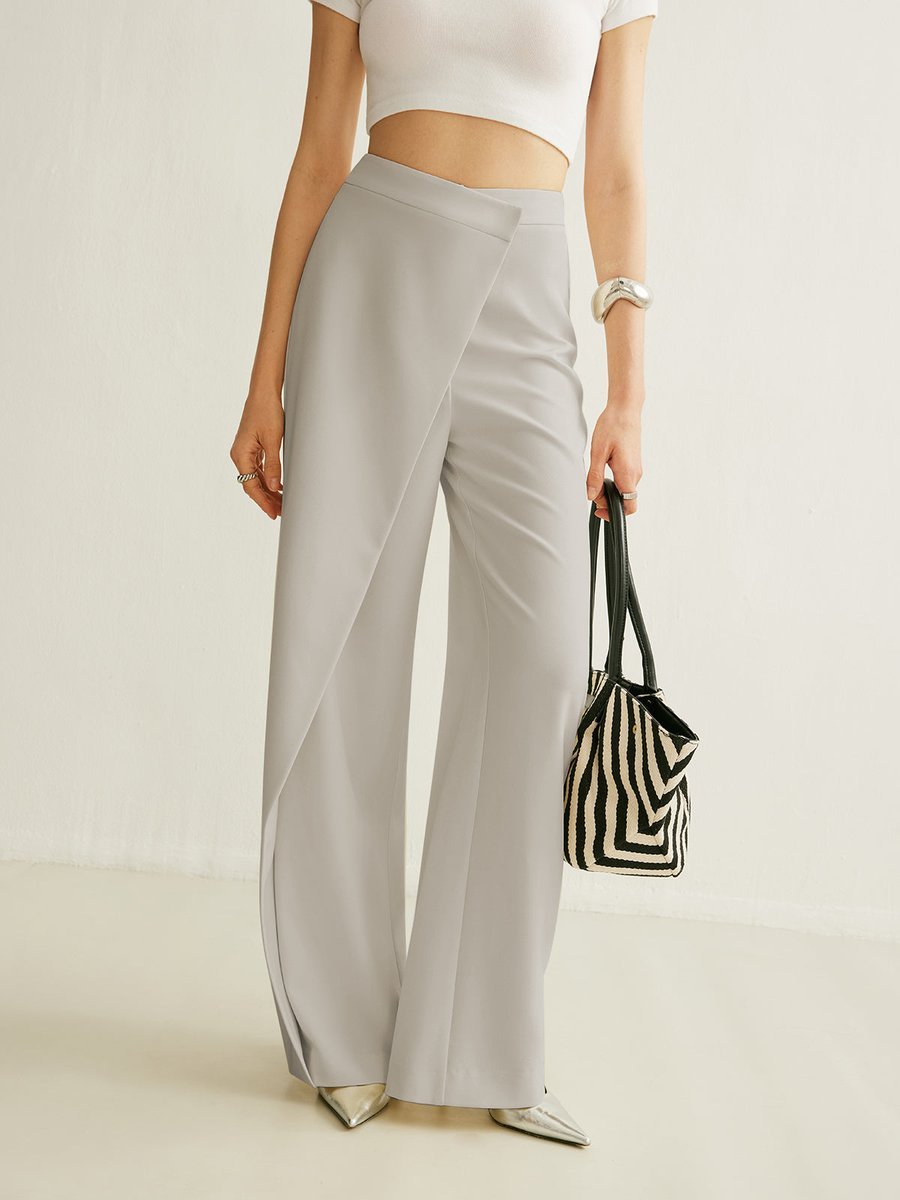 Women's High-Waist Asymmetric Wrap Wide Leg Trousers - Grey