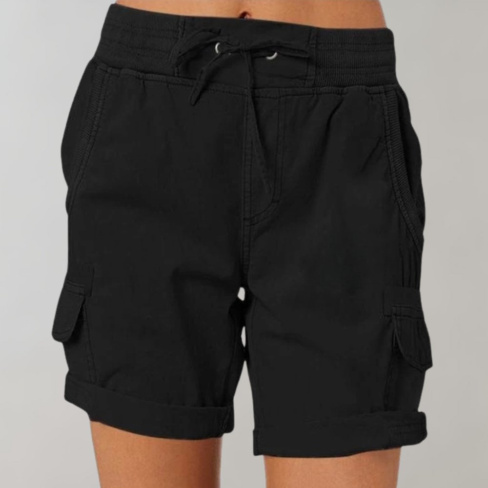 Women's High-Waist Drawstring Elastic-Waist Cargo Shorts - Zwart