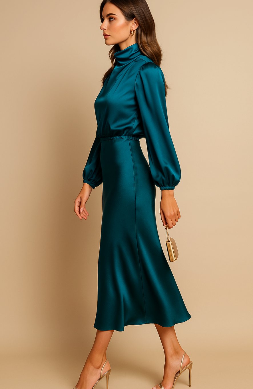 Women's High-Waist Mock-Neck Satin Balloon-Sleeve Midi Dress