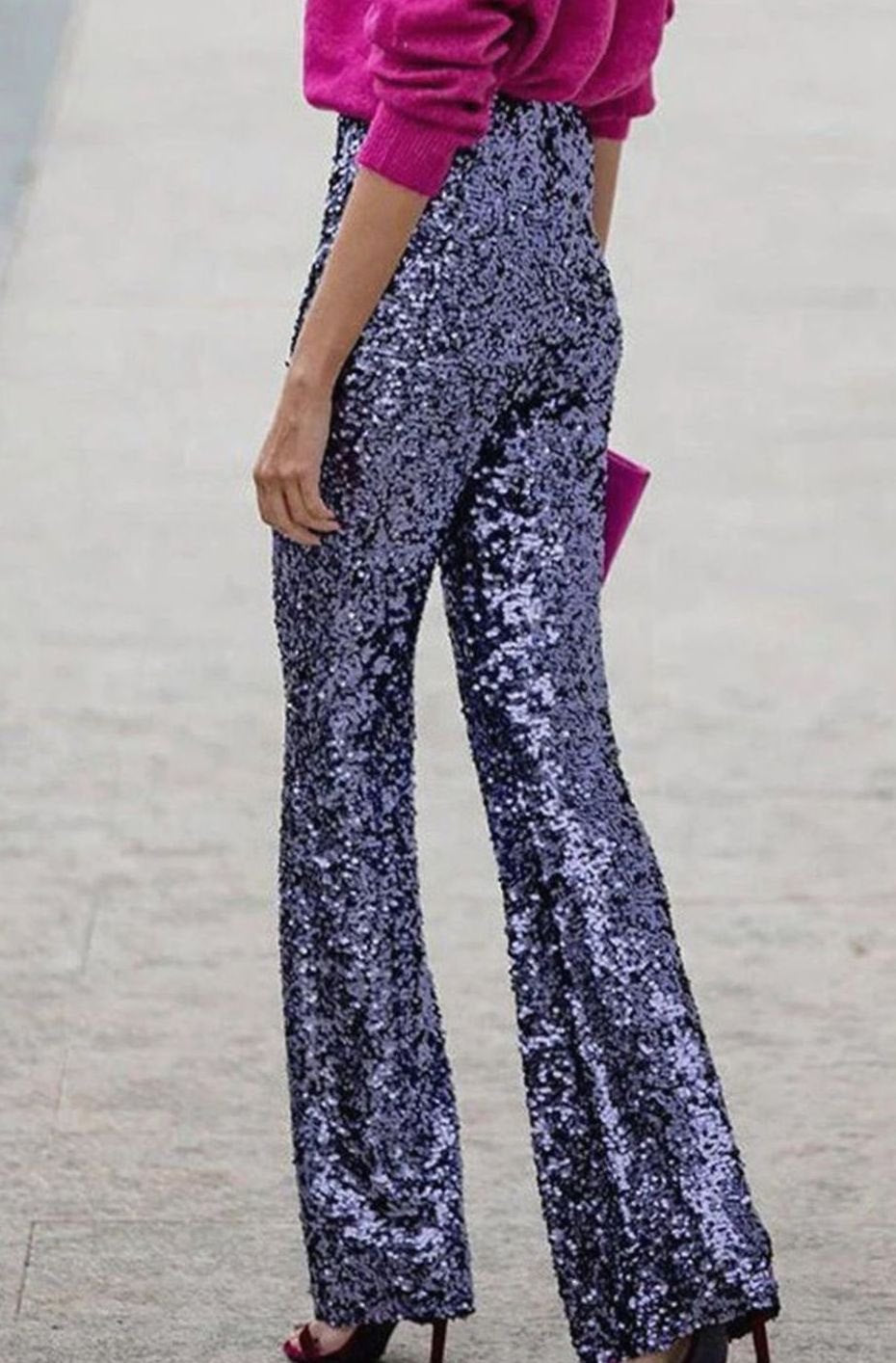 Women's High-Waist Sequin Flared Trousers Party Evening Wear - Dark Blue