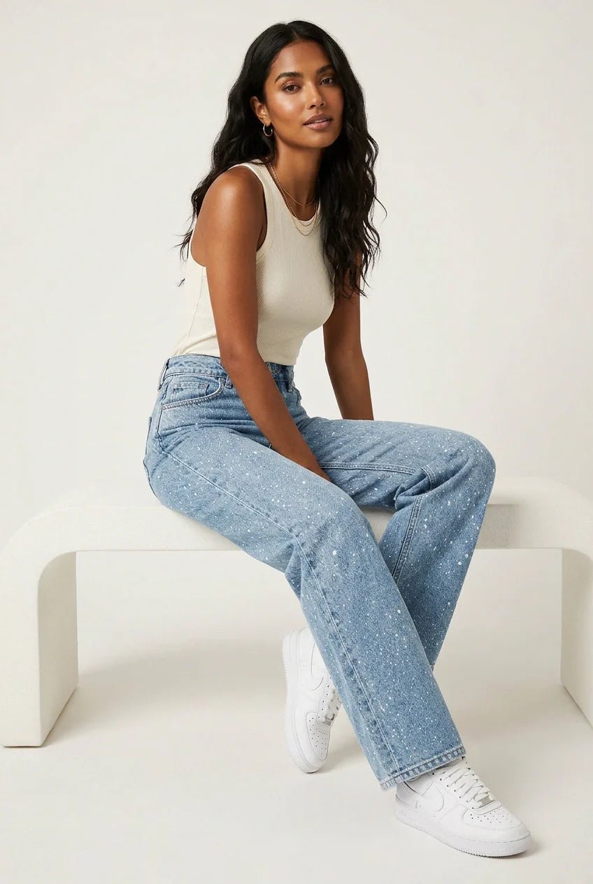 Women's High-Waist Straight-Leg Glitter Denim Jeans - Blau