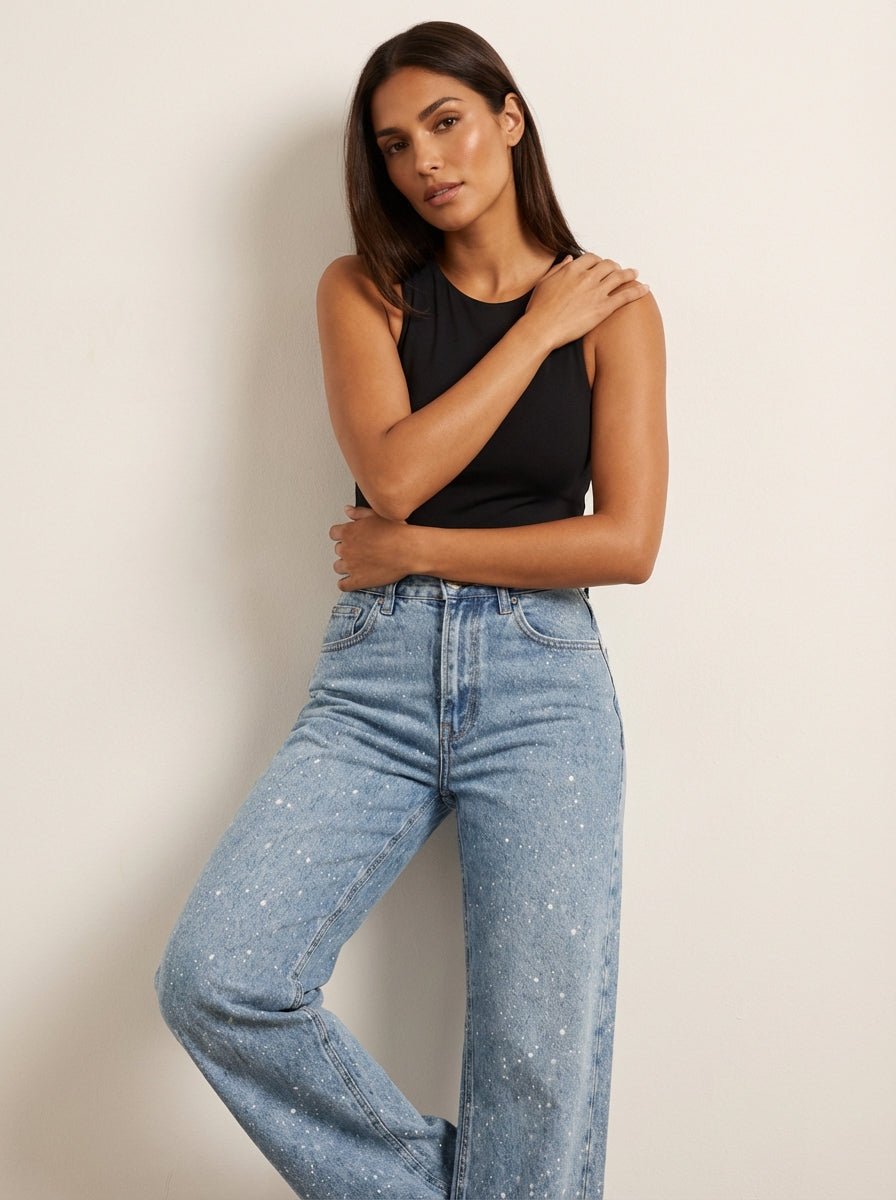 Women's High-Waist Straight-Leg Glitter Denim Jeans