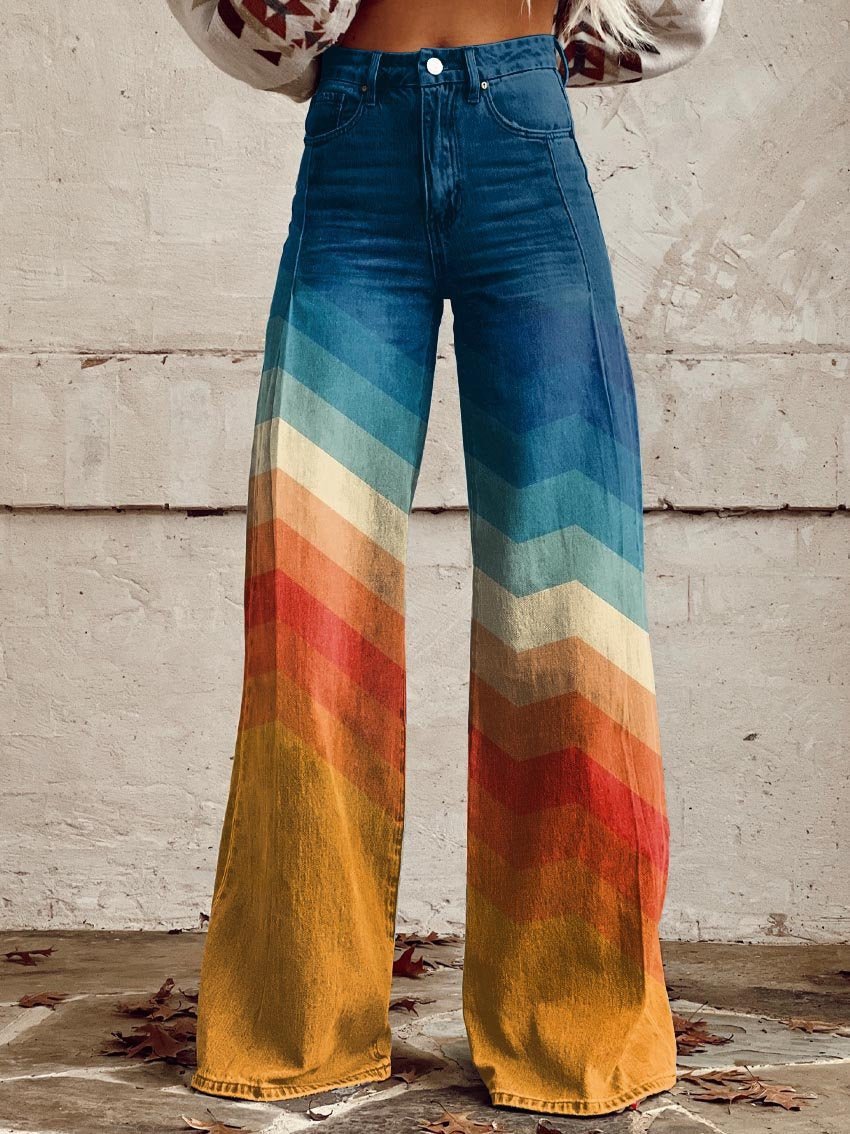 Women's High-Waist Sunset Chevron Wide-Leg Printed Trousers - Sunset Chevron
