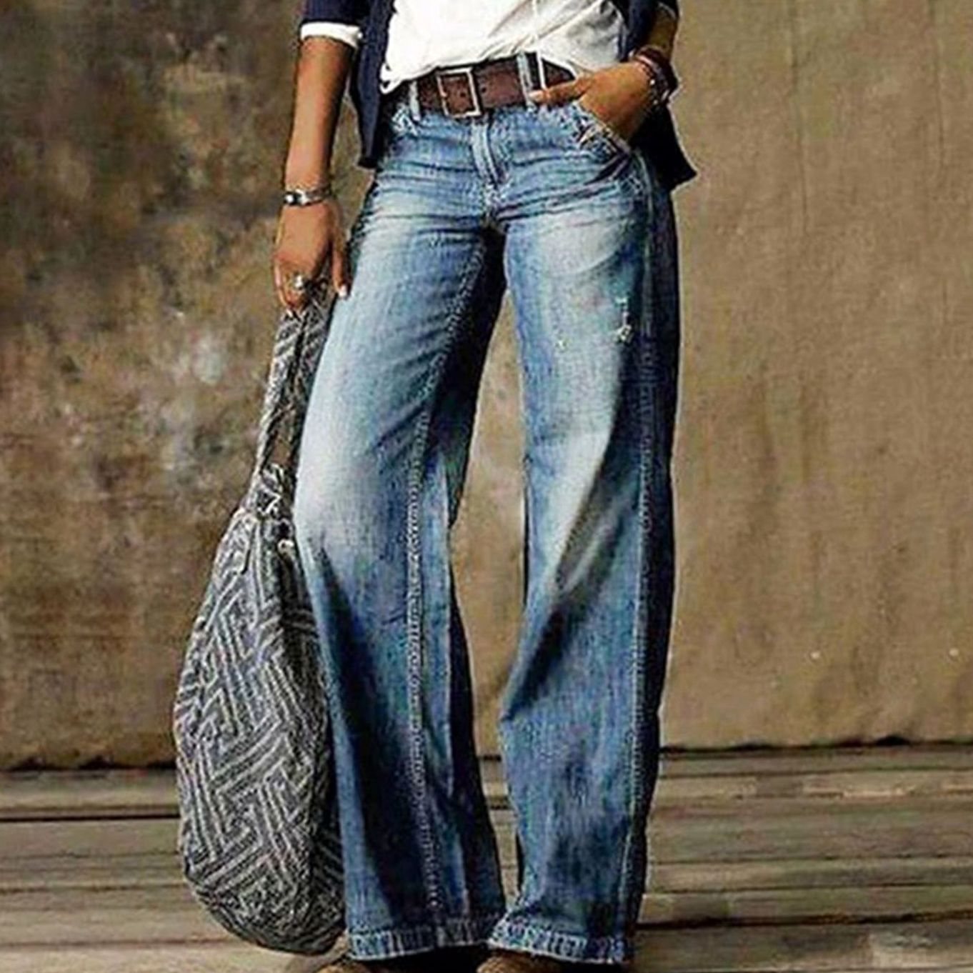 Women's High-Waist Wide-Leg Jeans Relaxed Fit Denim Trousers - Light Blue