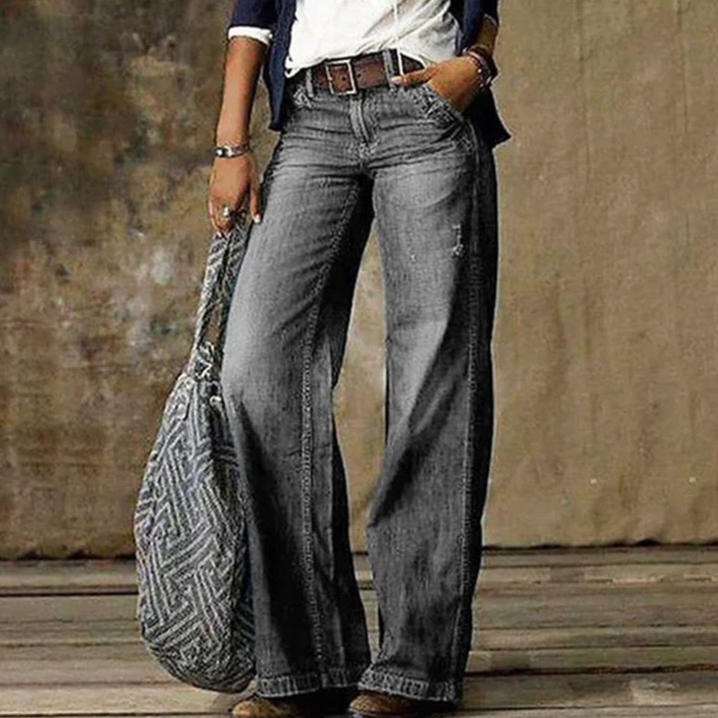 Women's High-Waist Wide-Leg Jeans Relaxed Fit Denim Trousers - Light Grey