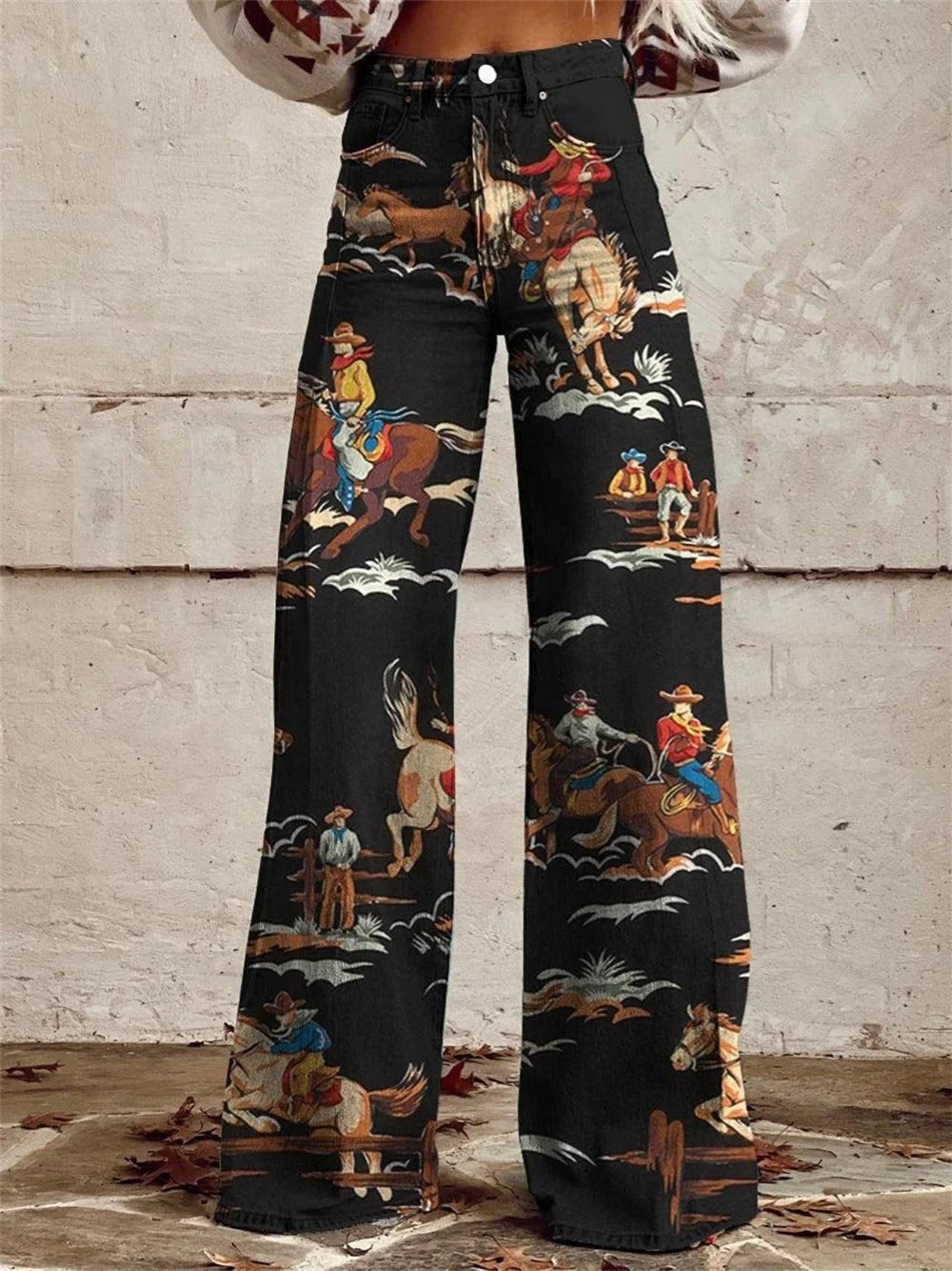 Women's High-Waist Wide-Leg Western Print Denim Trousers - Black
