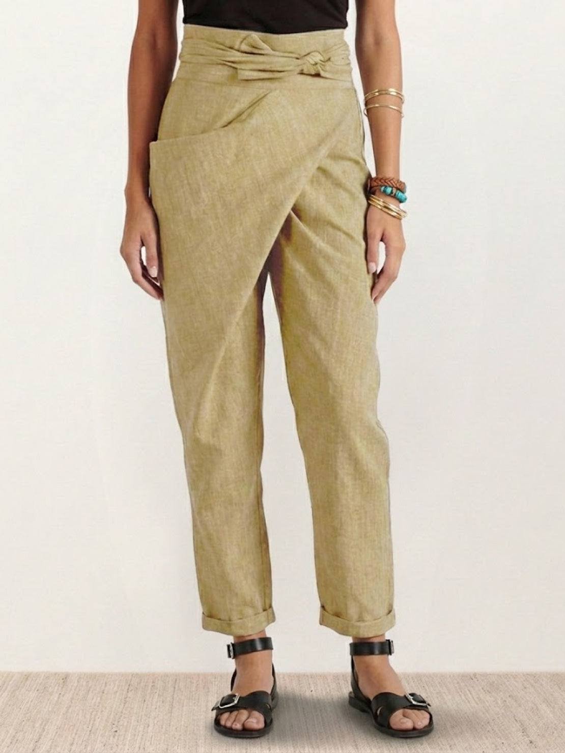 Women's High-Waist Wrap-Front Cropped Tapered Trousers - Khaki
