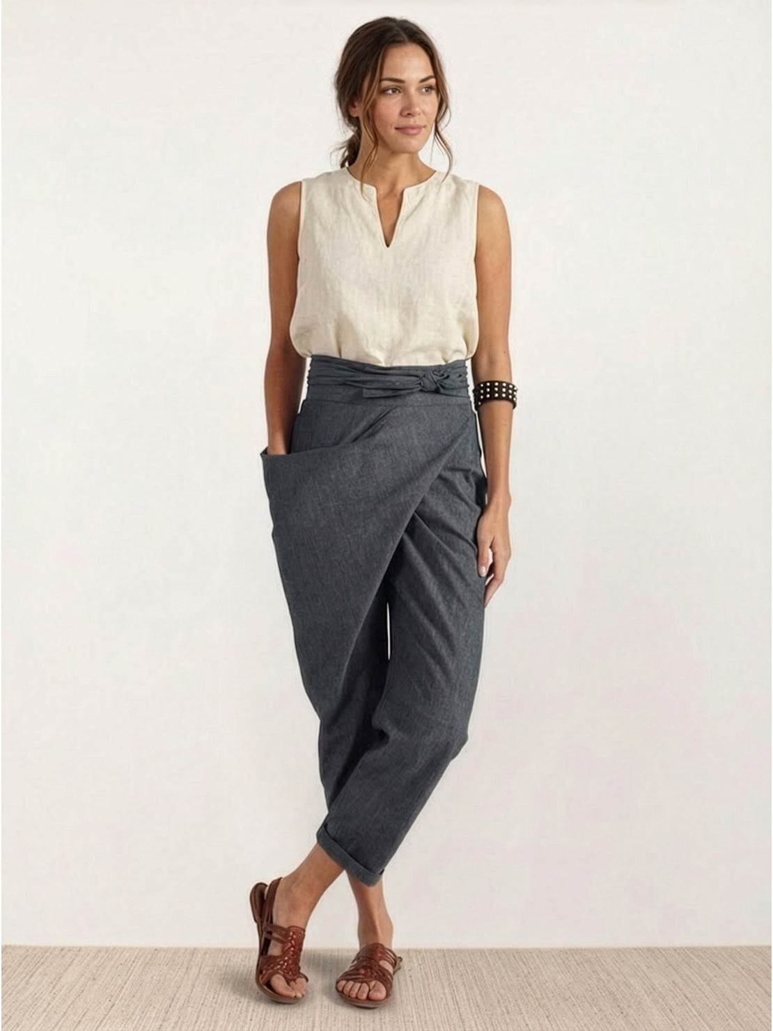 Women's High-Waist Wrap-Front Cropped Tapered Trousers