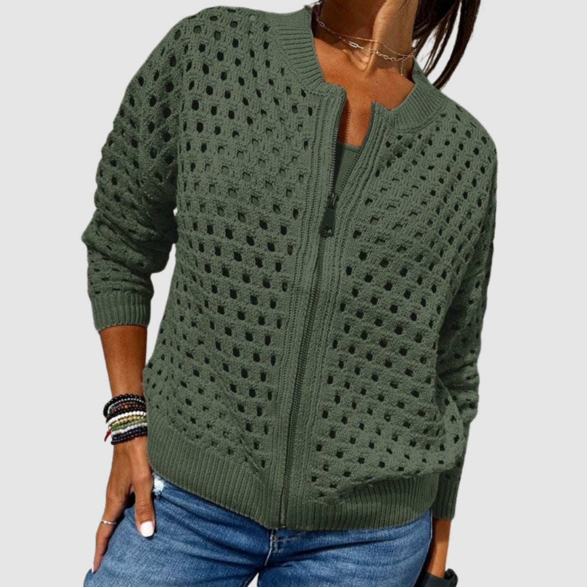Women's Hollow-Knit Zip-Up Relaxed Cardigan - Green