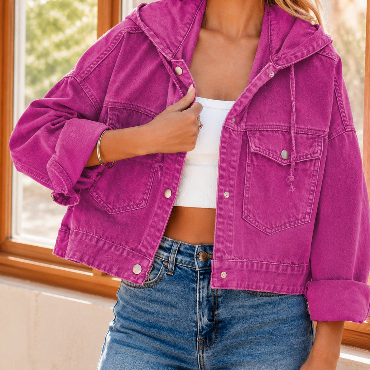 Women's Hooded Cropped Denim Jacket Relaxed Fit Snap Closure - Fuchsia