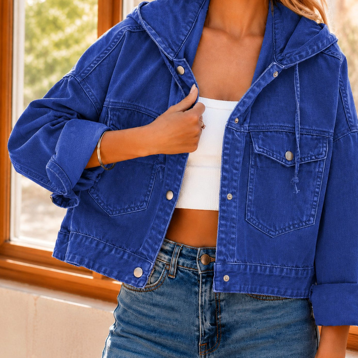 Women's Hooded Cropped Denim Jacket Relaxed Fit Snap Closure - Royal Blue