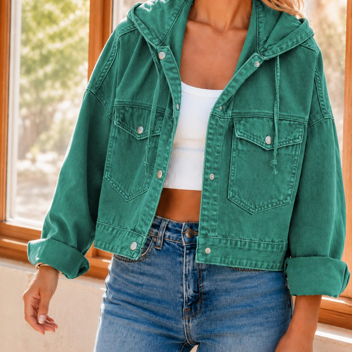 Women's Hooded Cropped Denim Jacket Relaxed Fit Snap Closure - Teal