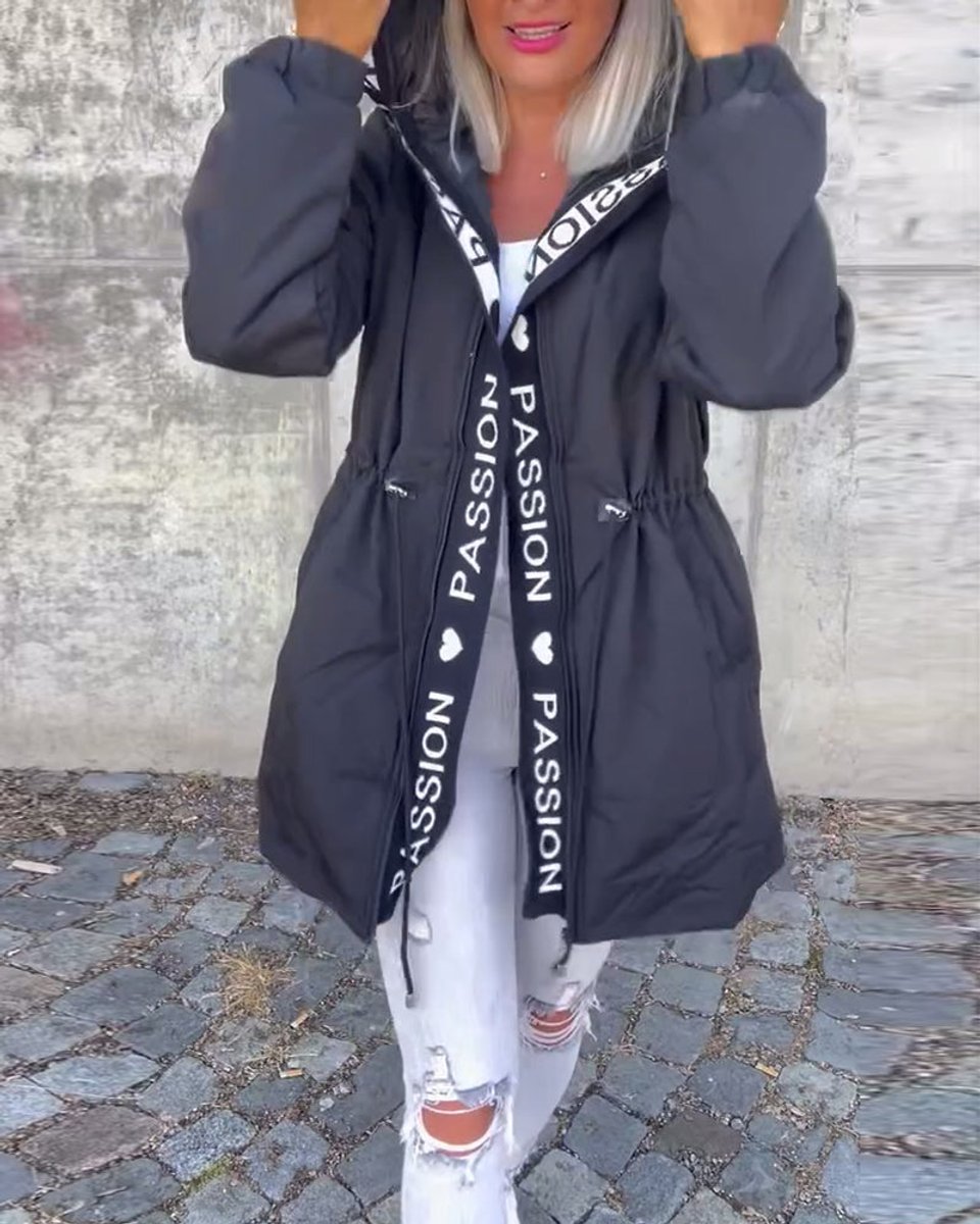 Women's Hooded Drawstring Relaxed-Fit Midi Parka Coat - Black