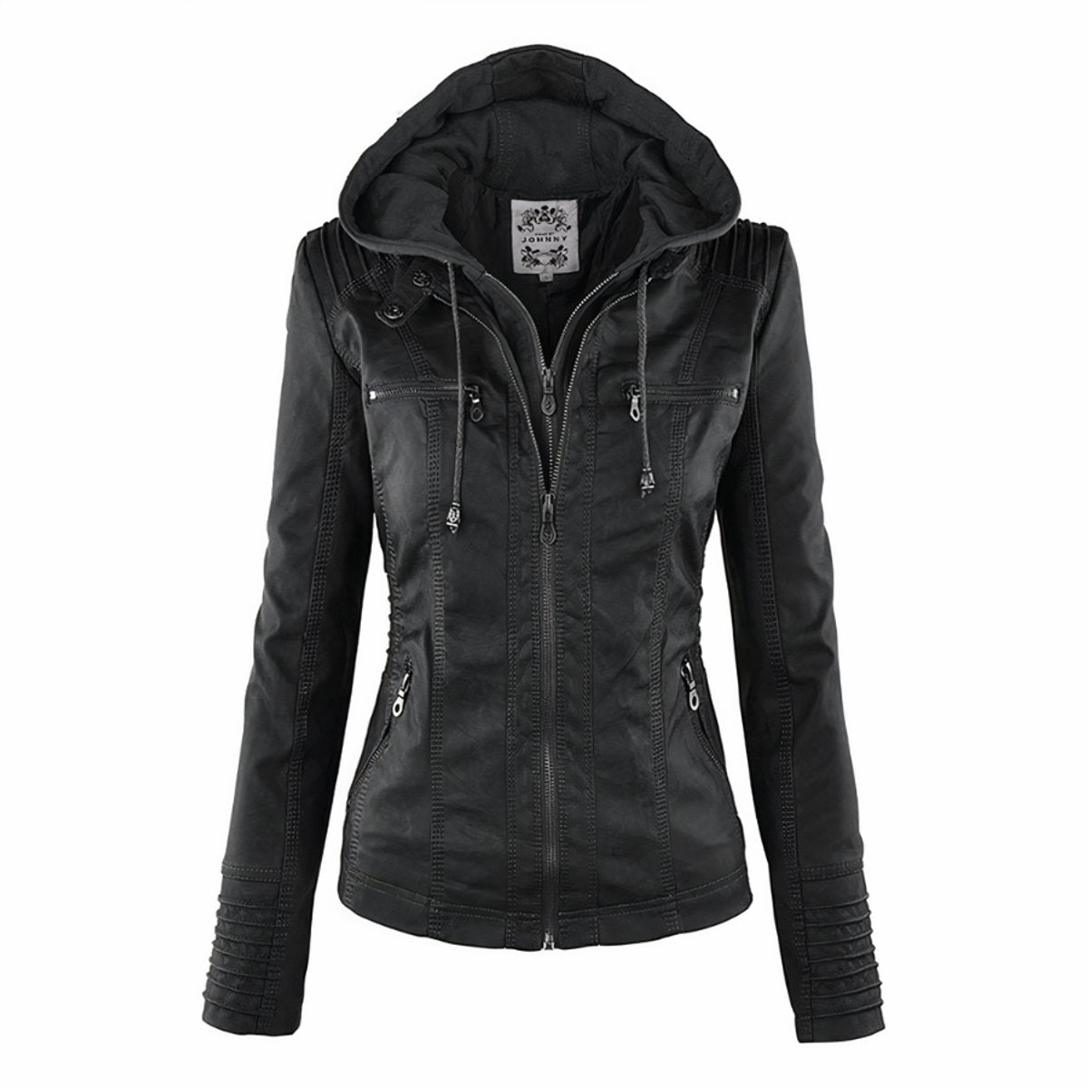 Women's Hooded Faux Leather Biker Jacket Removable Hood - Black