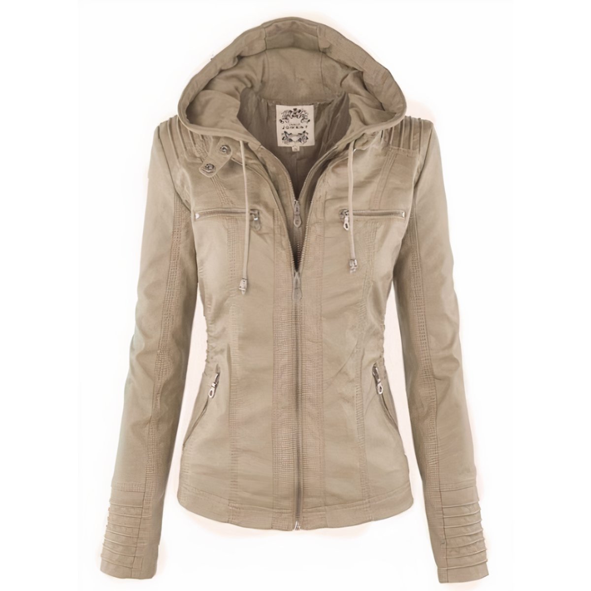 Women's Hooded Faux Leather Biker Jacket Removable Hood - Beige