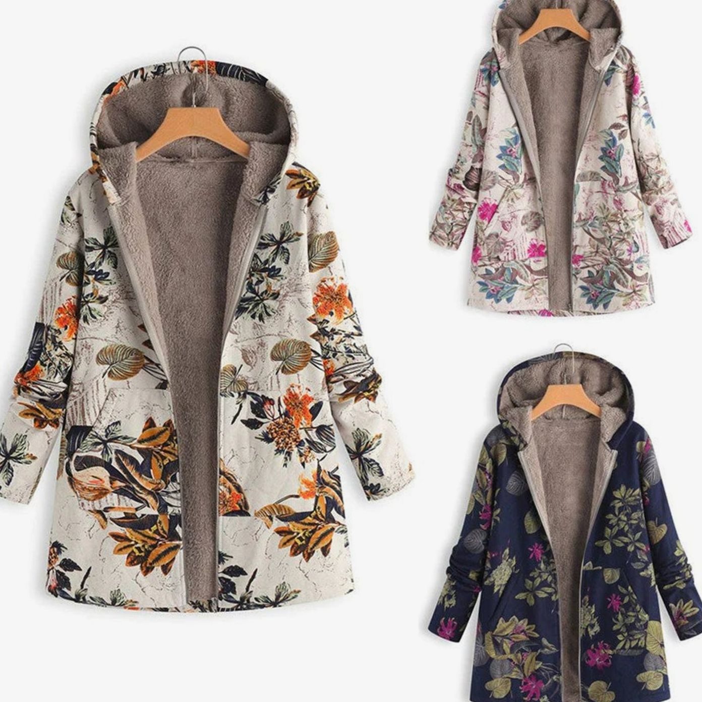 Women's Hooded Fleece-Lined Winter Floral Coat