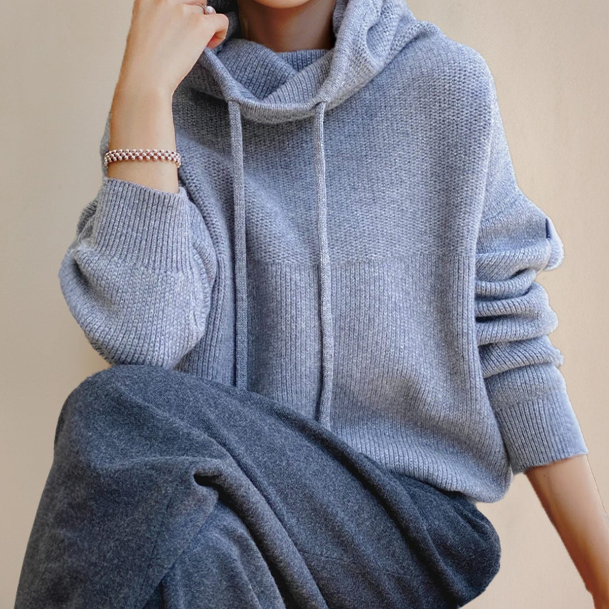 Women's Hooded Knit Drawstring Long Sleeve Jumper
