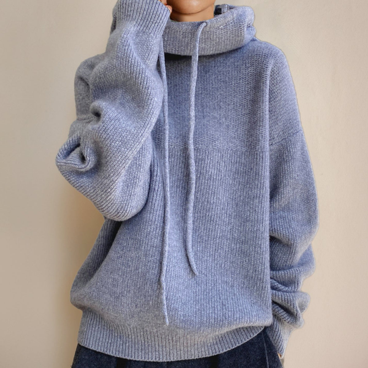 Women's Hooded Knit Drawstring Long Sleeve Jumper - Grey
