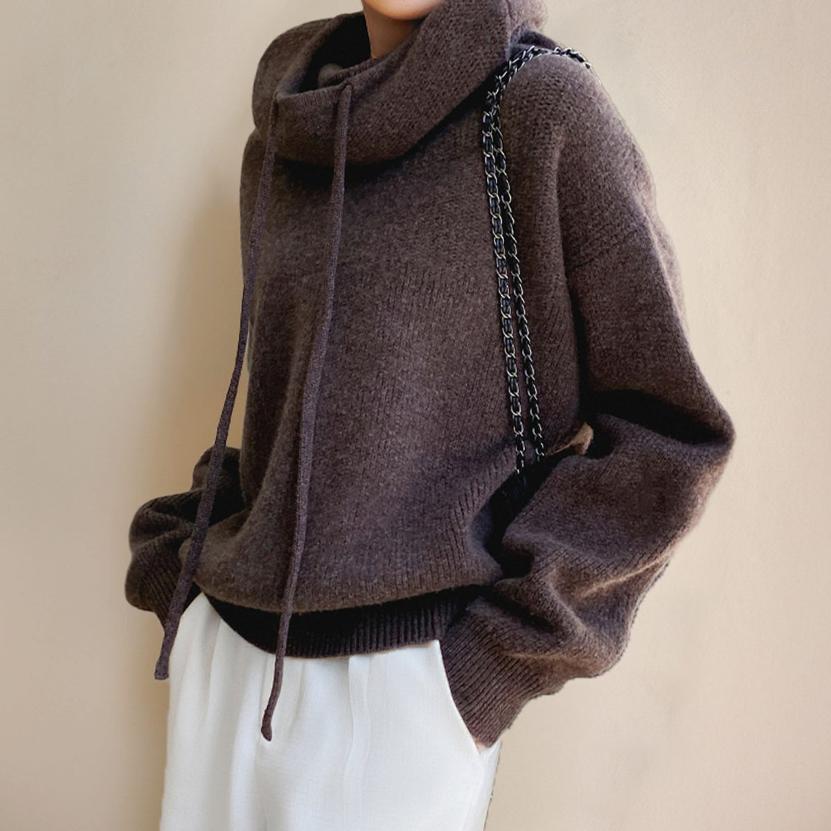 Women's Hooded Knit Drawstring Long Sleeve Jumper