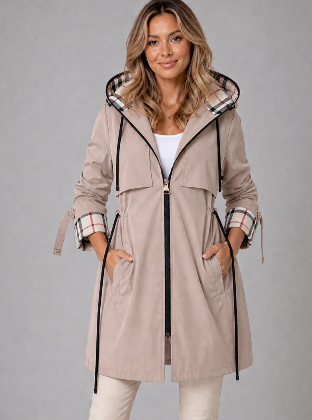 Women's Hooded Longline Zip-Up Drawstring Waist Coat - Khaki