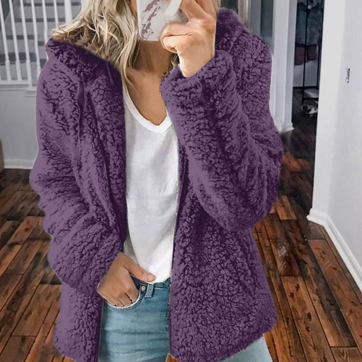 Women's Hooded Open-Front Fluffy Teddy Cardigan - Purple