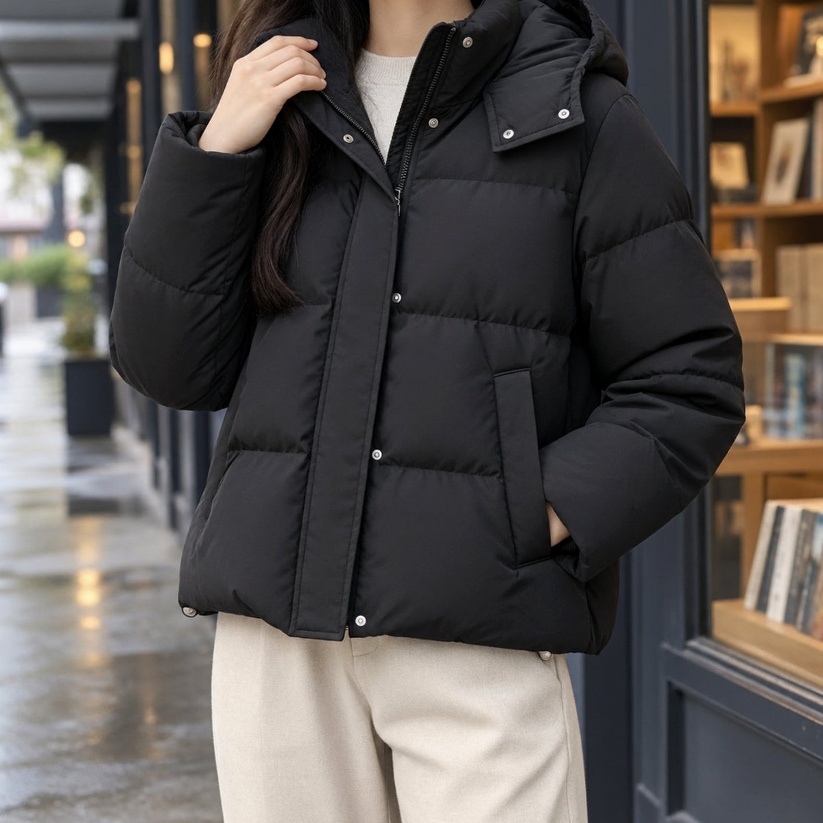 Women's Hooded Quilted Puffer Jacket Loose Fit - Classic Black