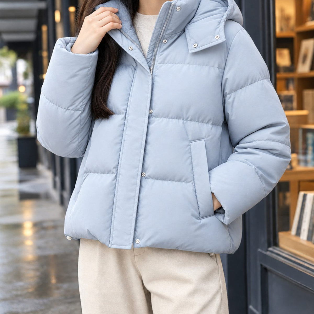 Women's Hooded Quilted Puffer Jacket Loose Fit - Sky Blue