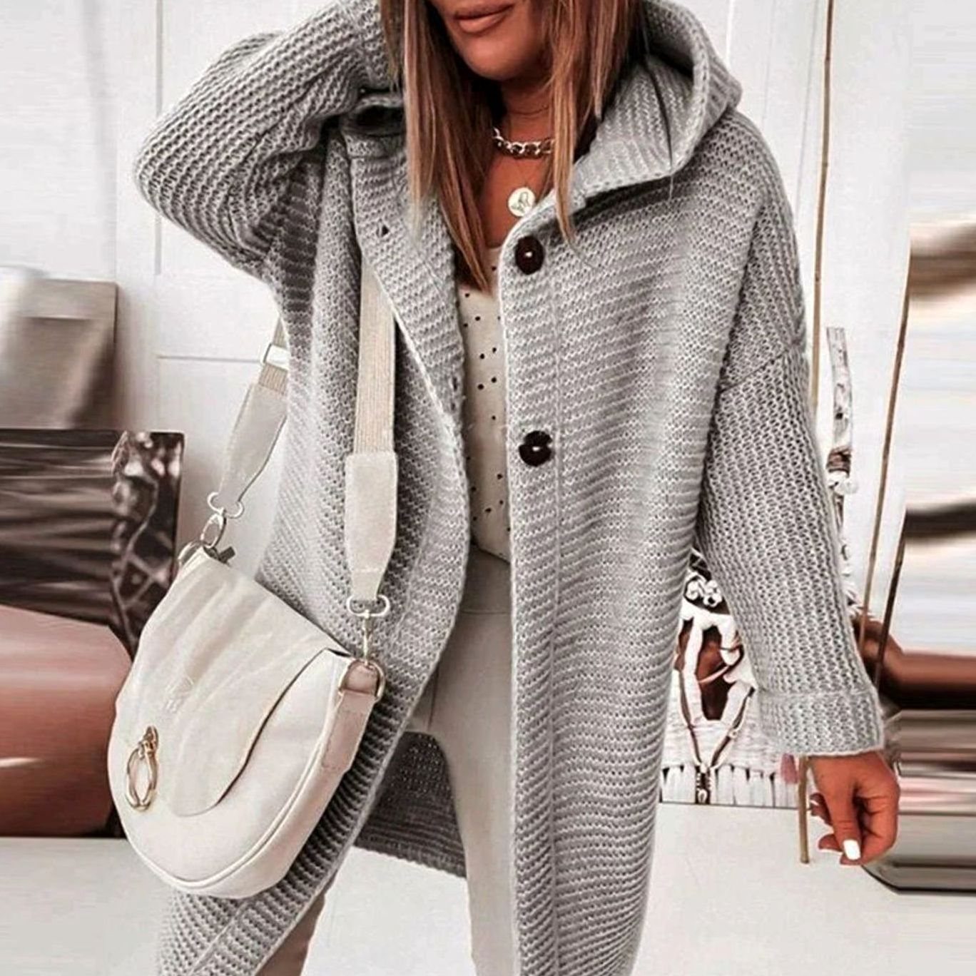 Women's Hooded Relaxed-Fit Knit Cardigan Jacket - Grey