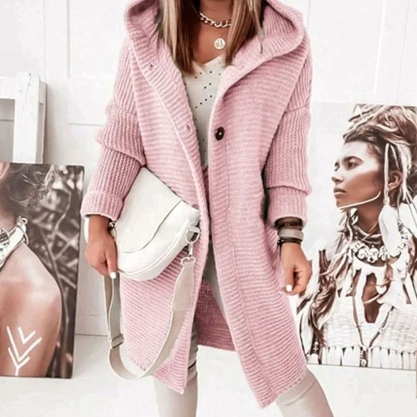 Women's Hooded Relaxed-Fit Knit Cardigan Jacket - Pink
