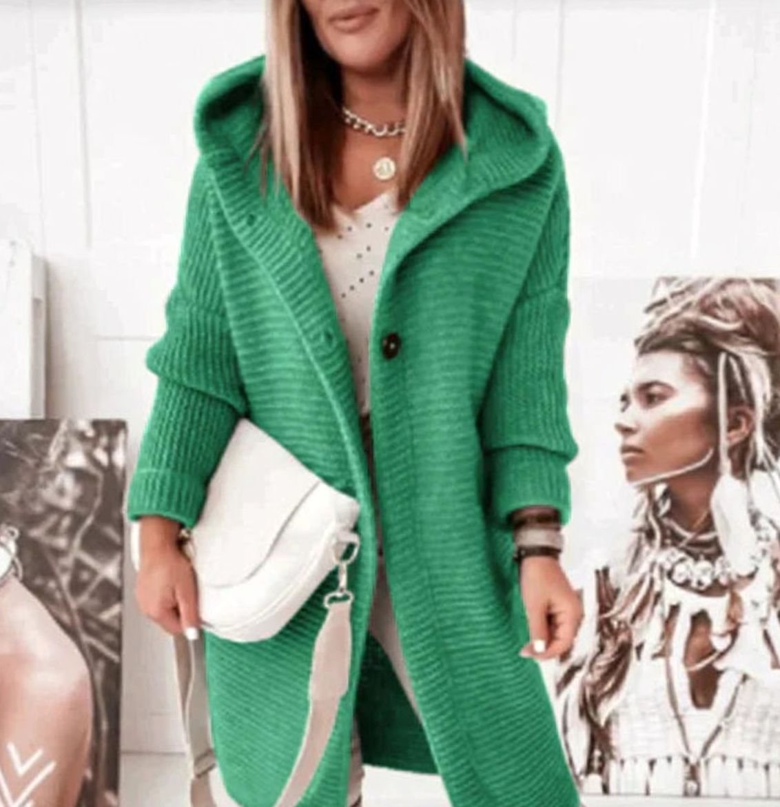 Women's Hooded Relaxed-Fit Knit Cardigan Jacket - Green