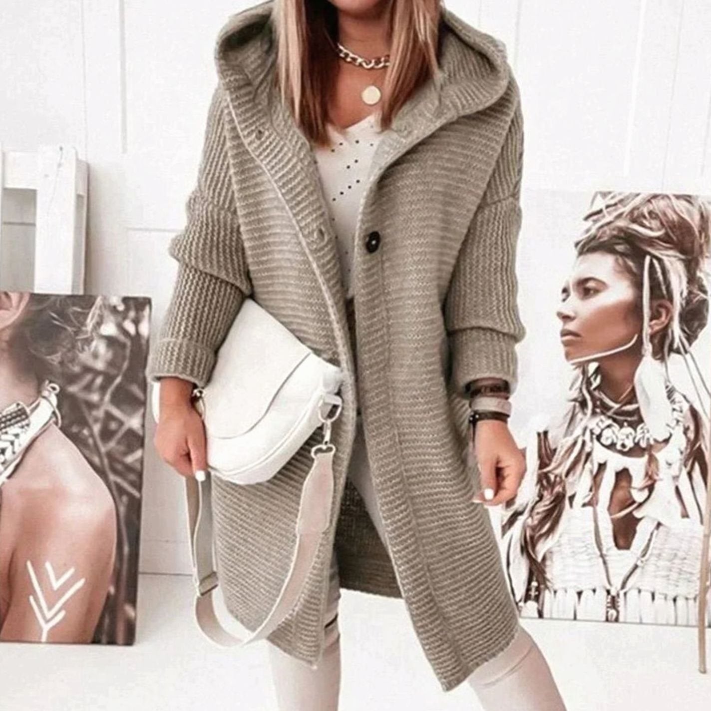 Women's Hooded Relaxed-Fit Knit Cardigan Jacket - Light Brown