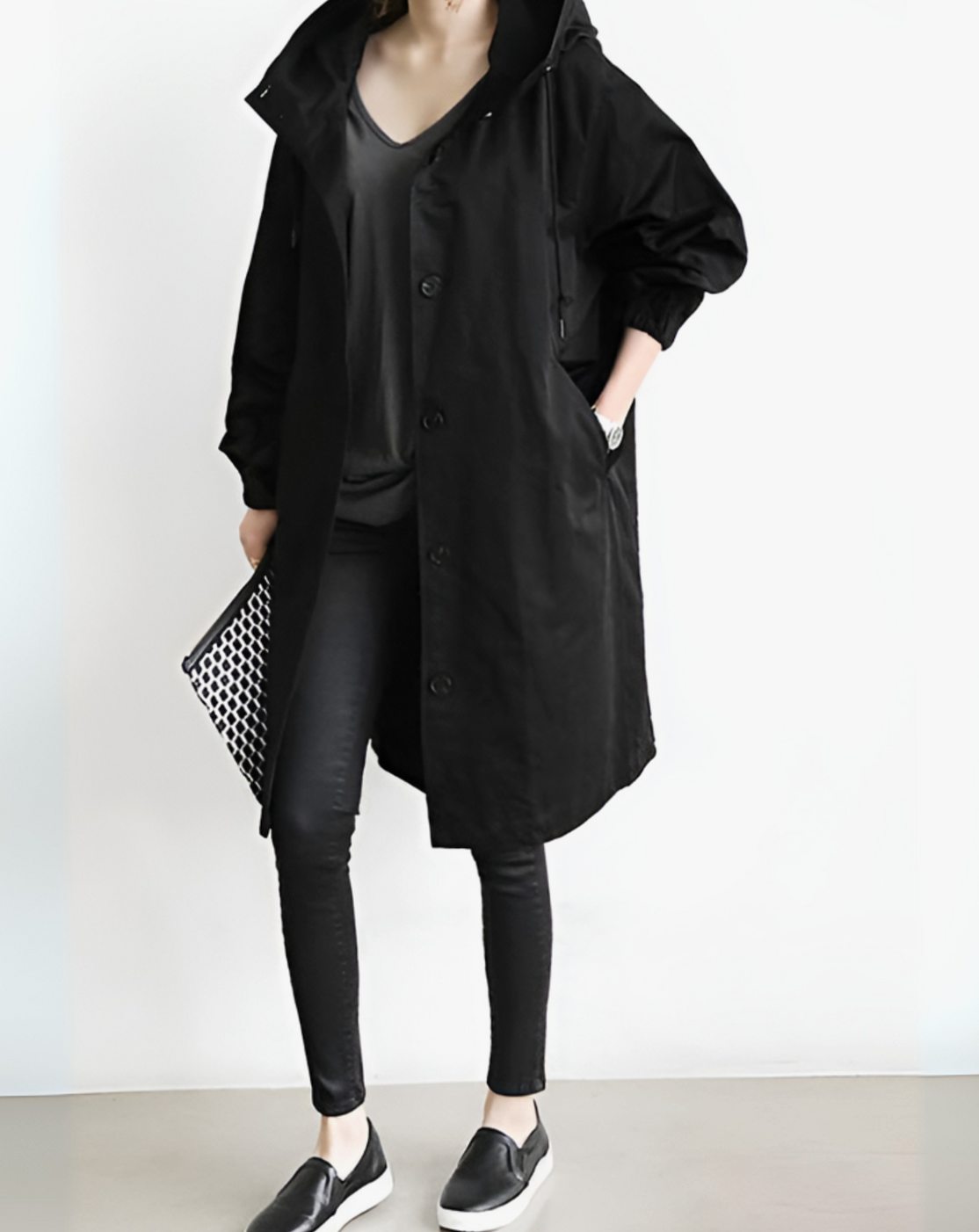 Women's Hooded Single-Breasted Loose-Fit Trench Coat - Black