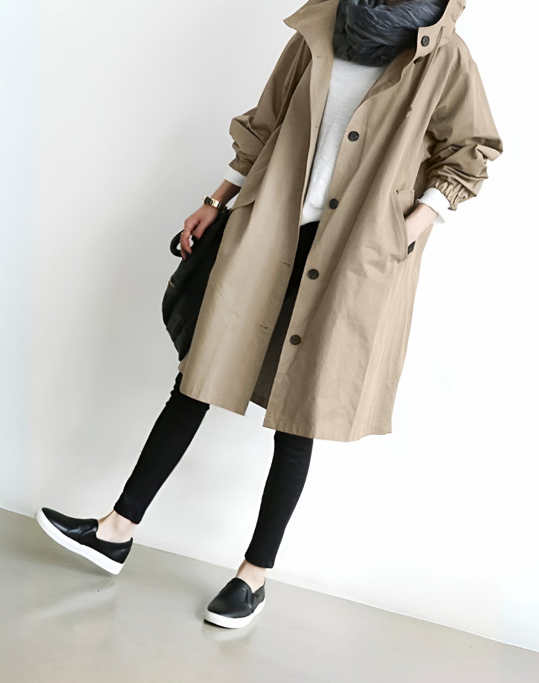Women's Hooded Single-Breasted Loose-Fit Trench Coat - Beige