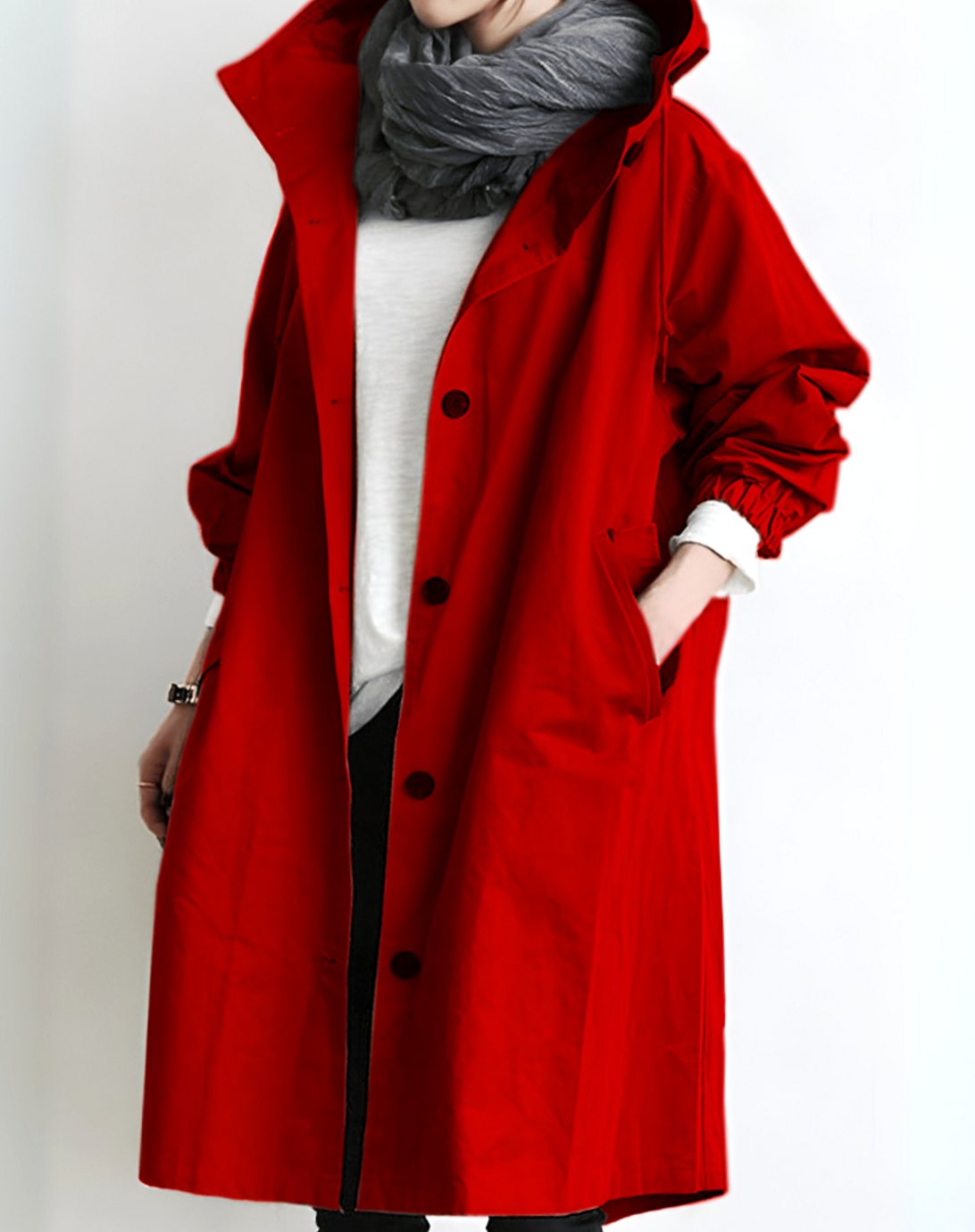Women's Hooded Single-Breasted Loose-Fit Trench Coat - Red