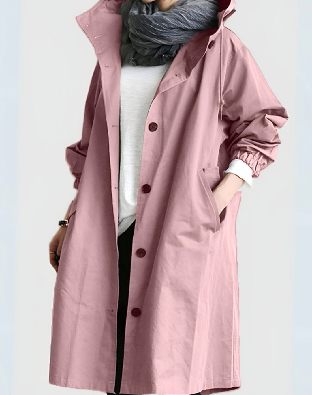 Women's Hooded Single-Breasted Loose-Fit Trench Coat - Rose