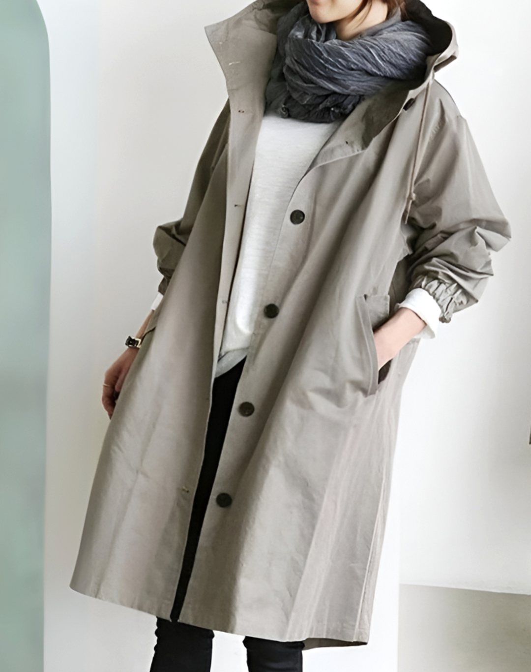 Women's Hooded Single-Breasted Loose-Fit Trench Coat - Apricot