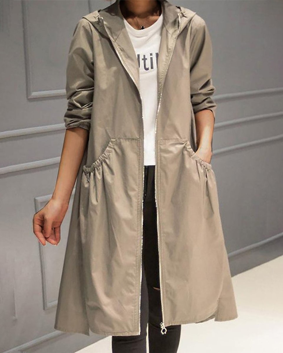 Women's Hooded Waterproof Long-Line Zip-Up Trench Coat - Khaki