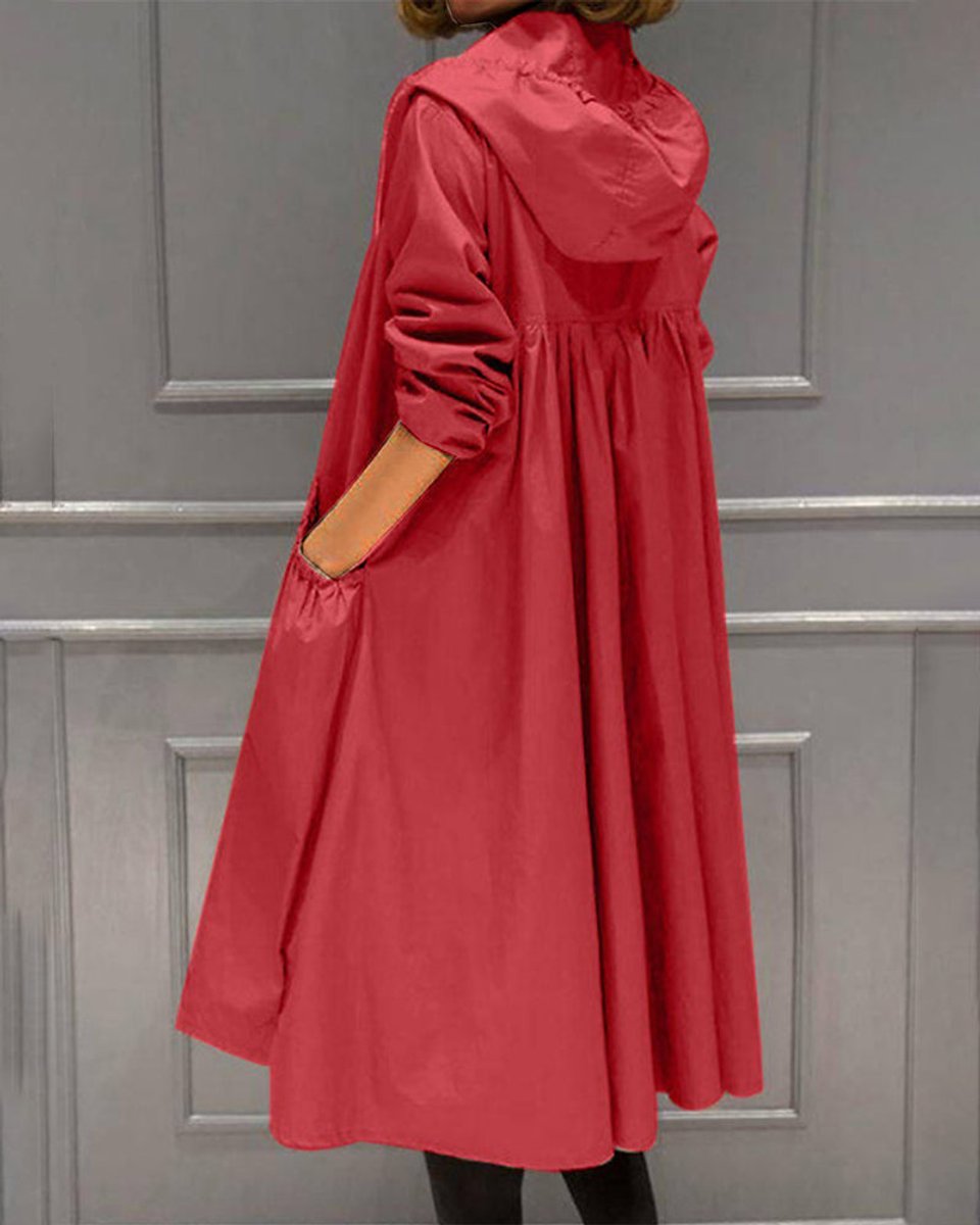 Women's Hooded Waterproof Long-Line Zip-Up Trench Coat - Red