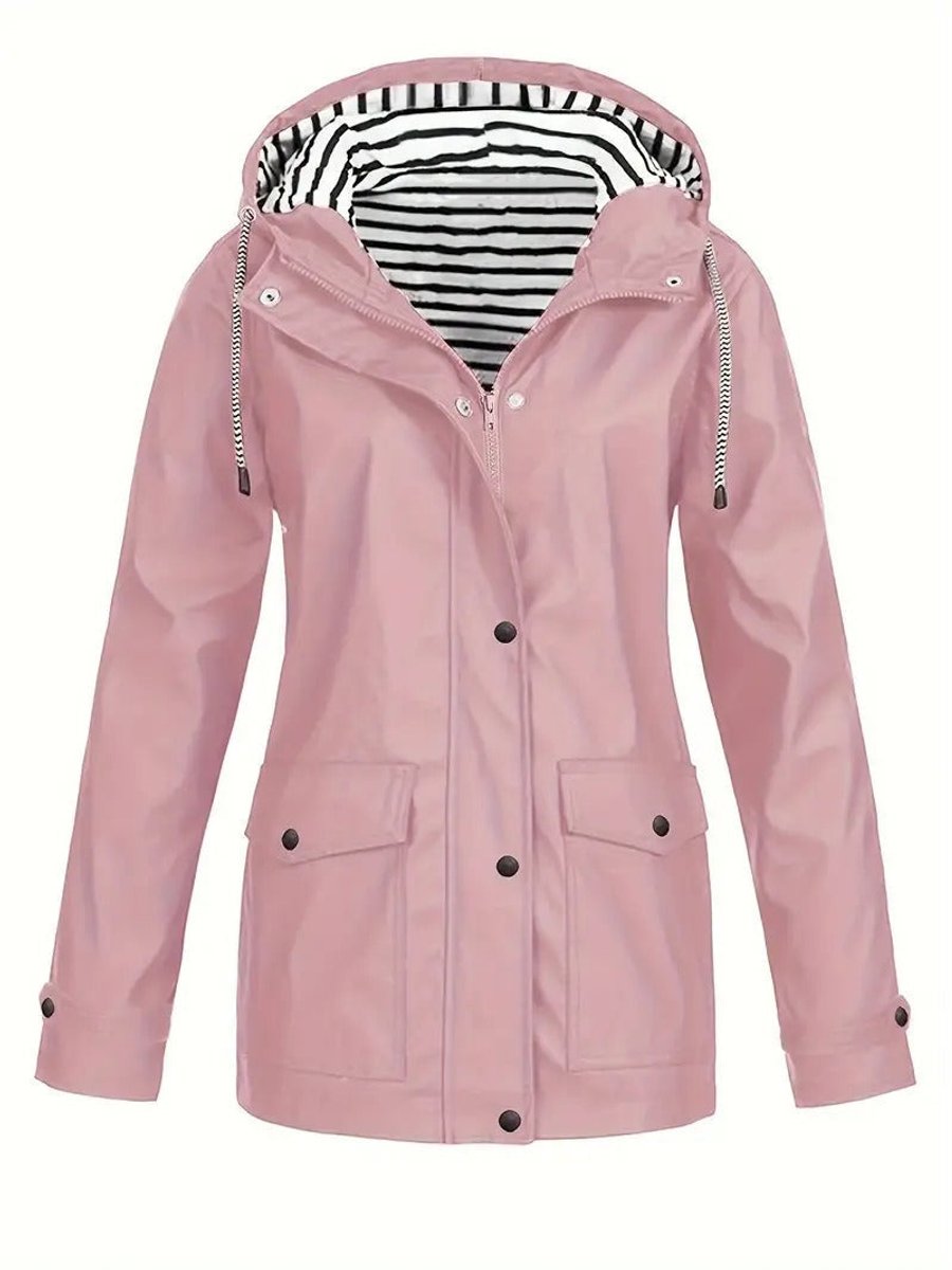 Women's Hooded Waterproof Striped-Lined Zip-Up Rain Coat - Pink