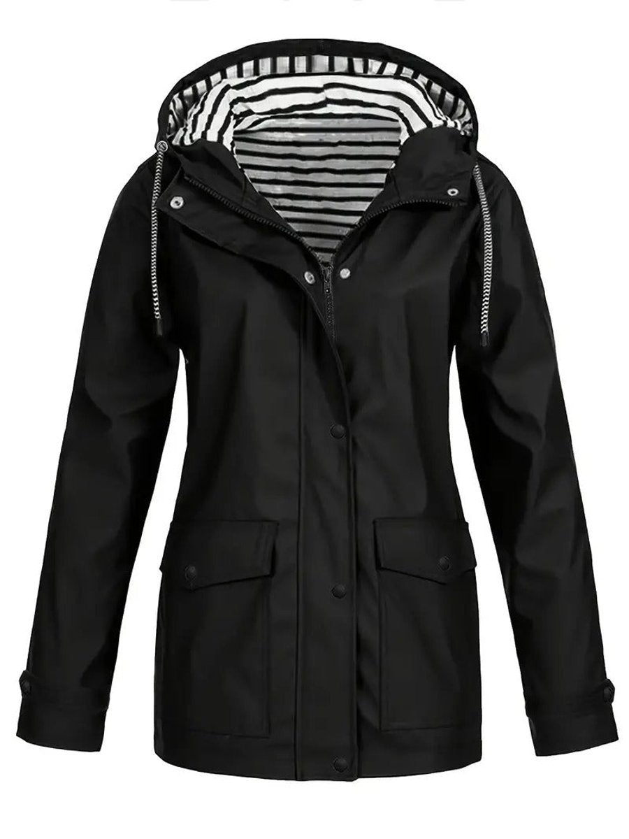 Women's Hooded Waterproof Striped-Lined Zip-Up Rain Coat - Black