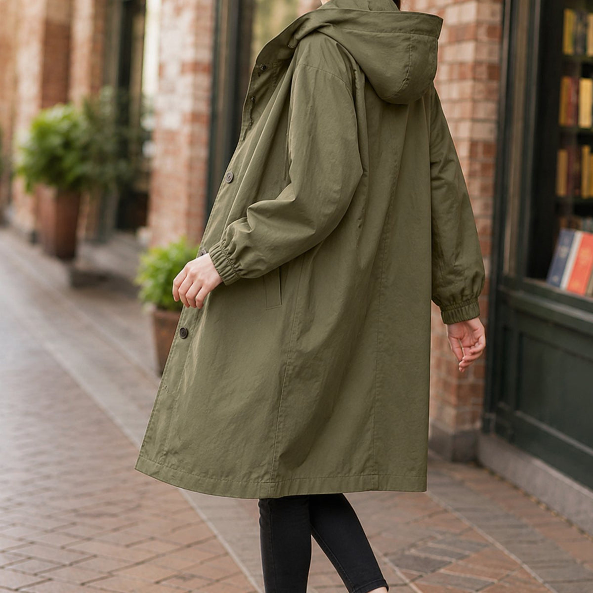 Women's Hooded Winter Coat Relaxed-Fit Button-Front Long Overcoat - Green