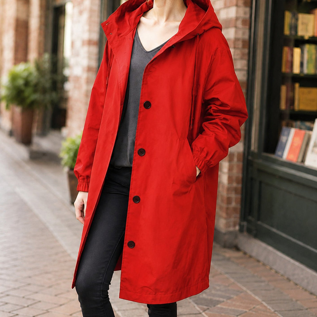 Women's Hooded Winter Coat Relaxed-Fit Button-Front Long Overcoat - Red