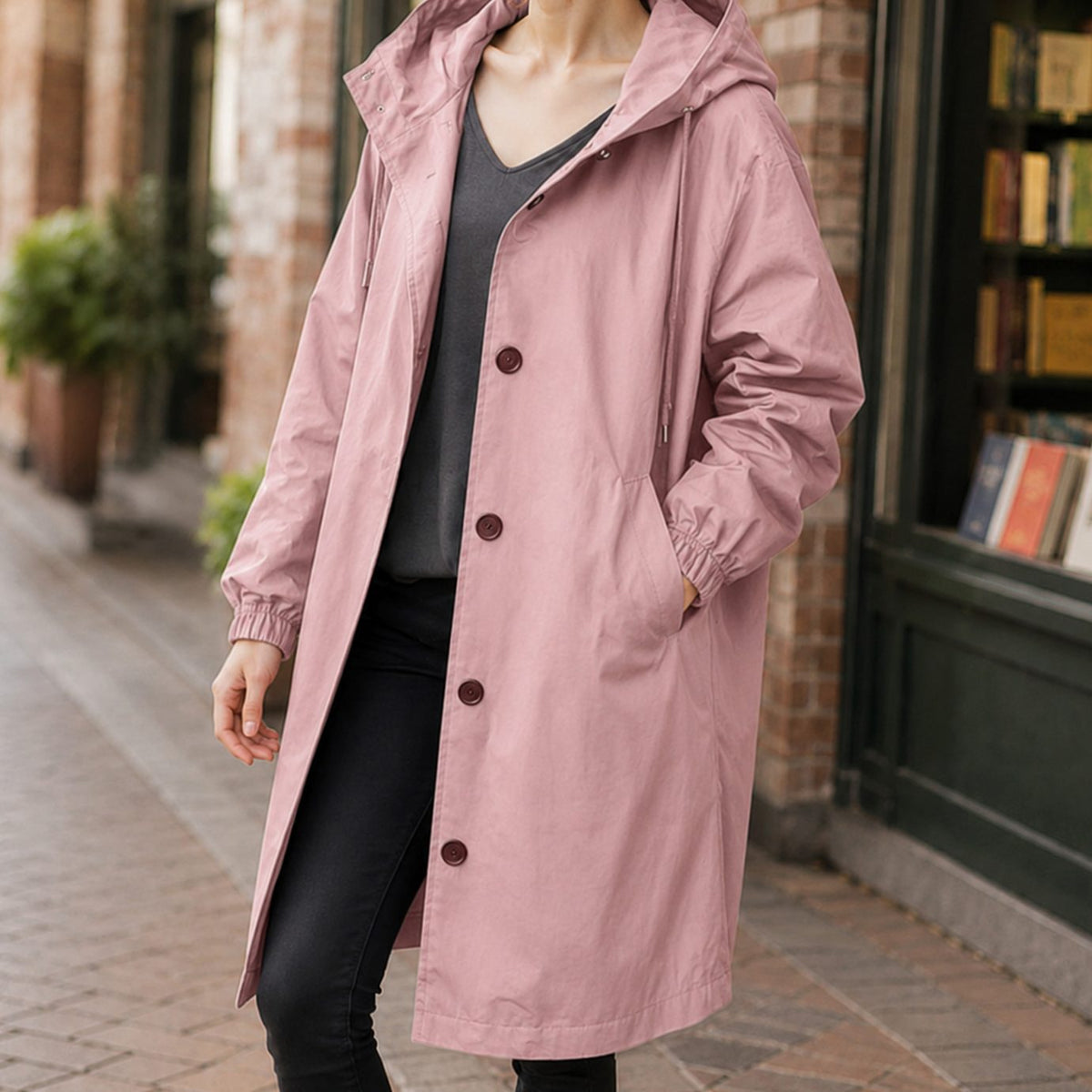 Women's Hooded Winter Coat Relaxed-Fit Button-Front Long Overcoat - Pink