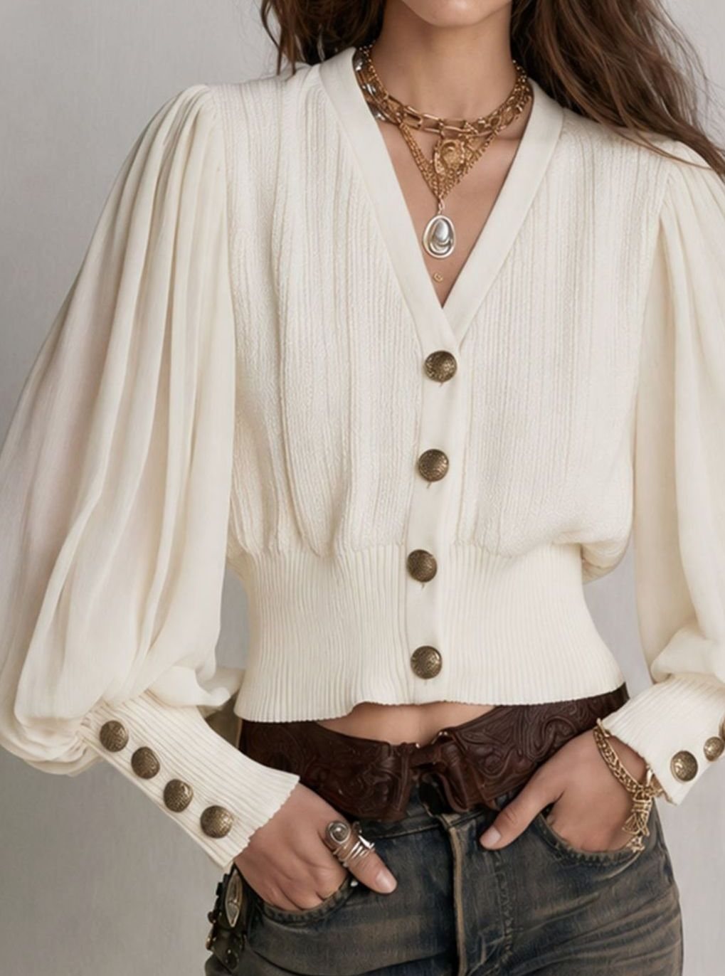 Women's Ivory Puff-Sleeve Ribbed Knit Button-Front Cardigan