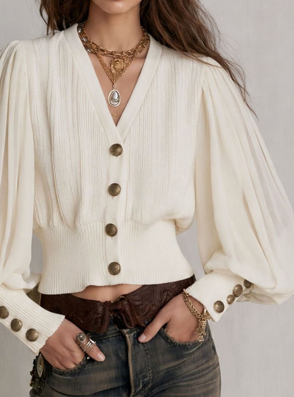 Women's Ivory Puff-Sleeve Ribbed Knit Button-Front Cardigan