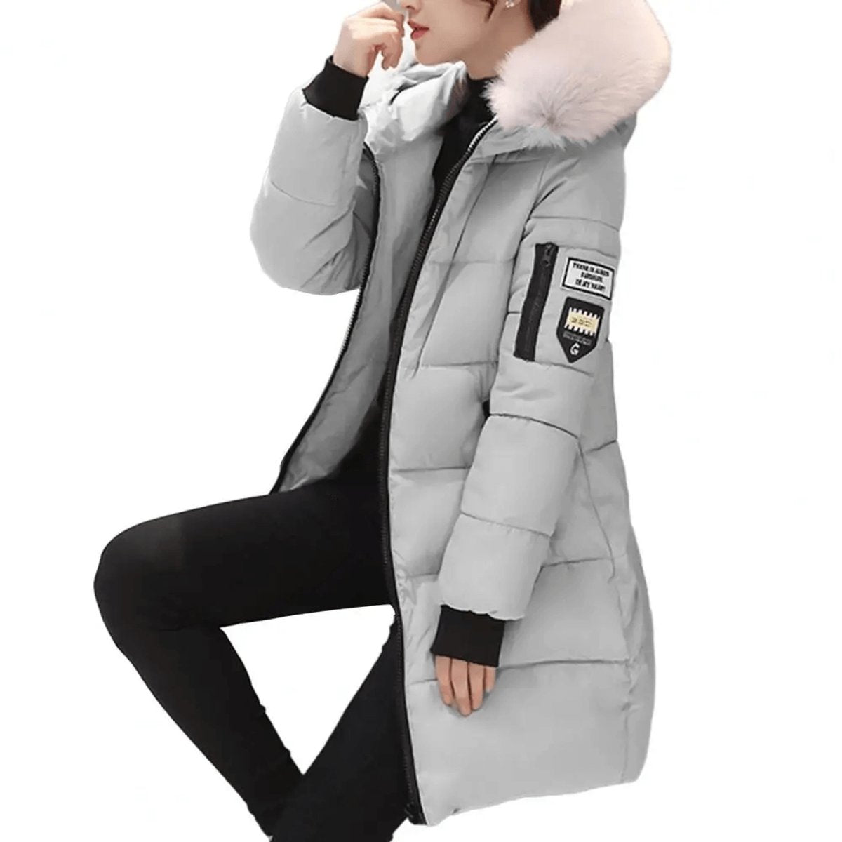 Womens Jacket Mid-Length Hooded Faux Fur Windproof Puffer Coat - Grey