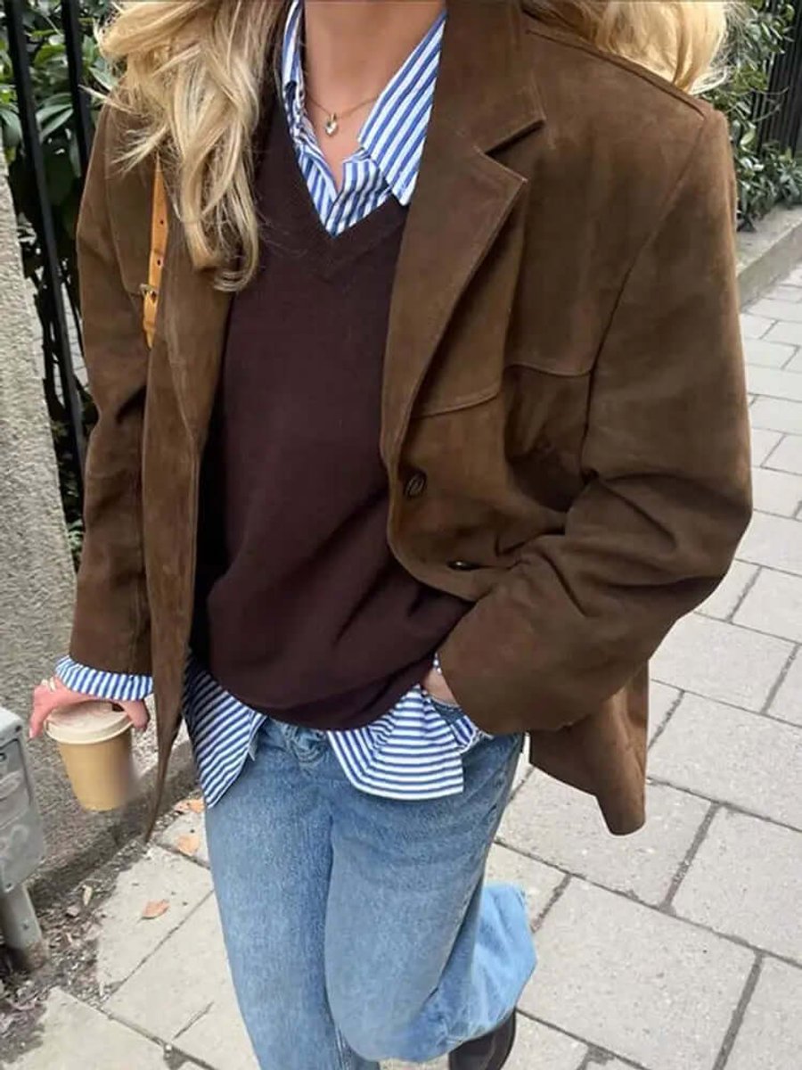 Womens Jacket Oversized Suede Blazer Turtleneck Layer
