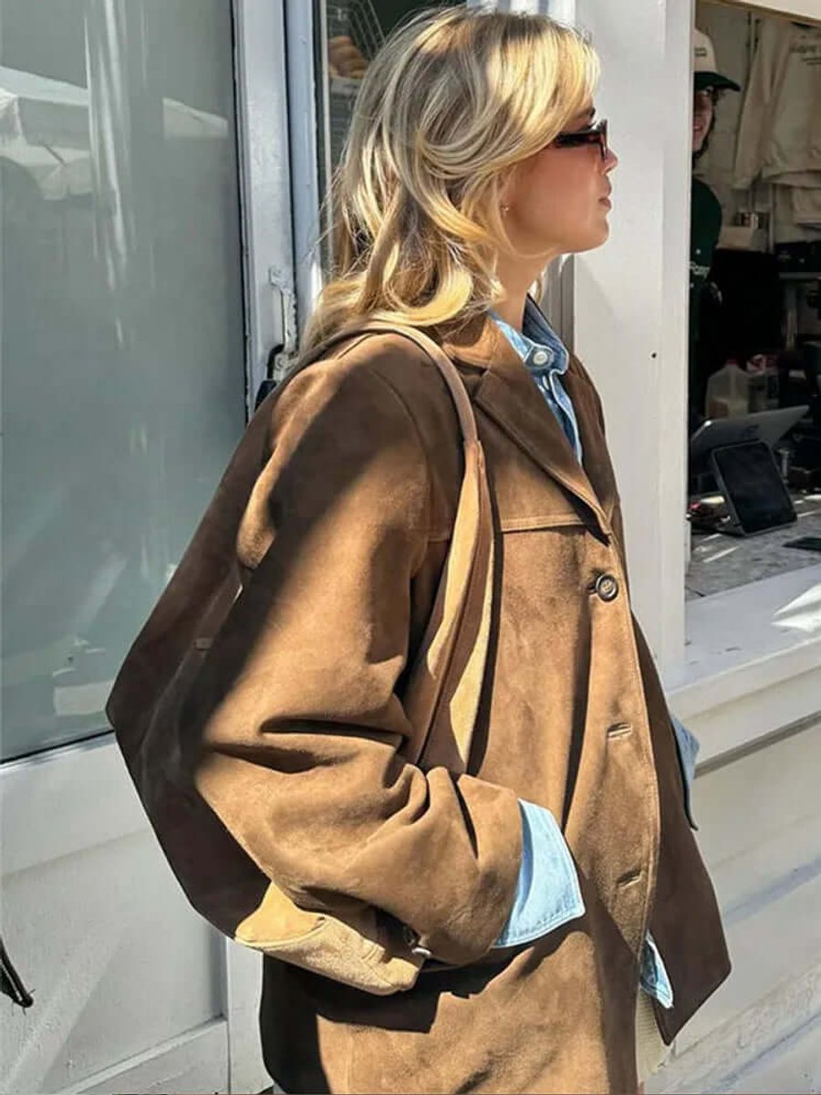 Womens Jacket Oversized Suede Blazer Turtleneck Layer